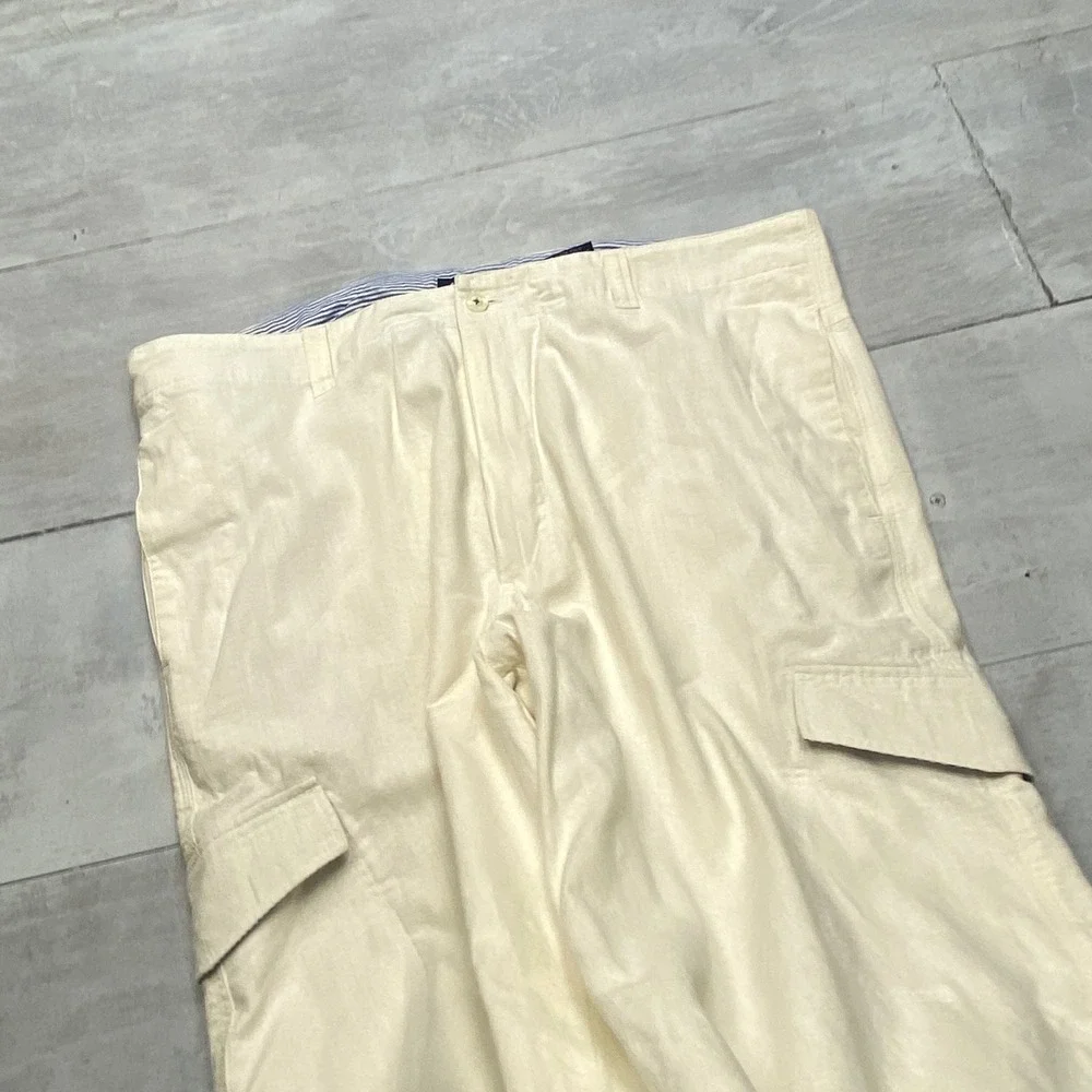 Koman Cargo Pants Mens XL Cream Linen Cotton Blend Wide Leg Relaxed Beach Pants